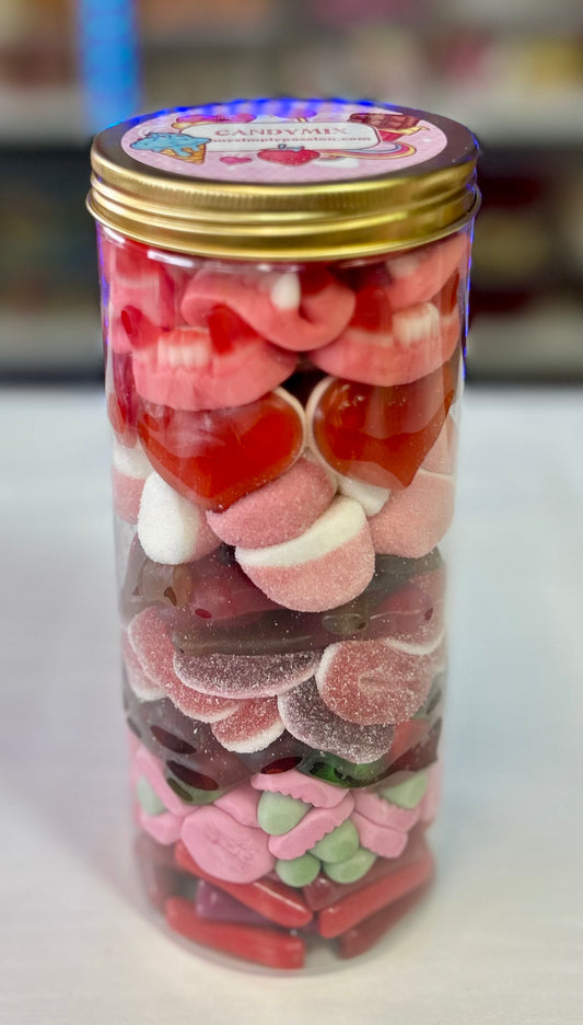 800g Candymix red in Geschenkbottle